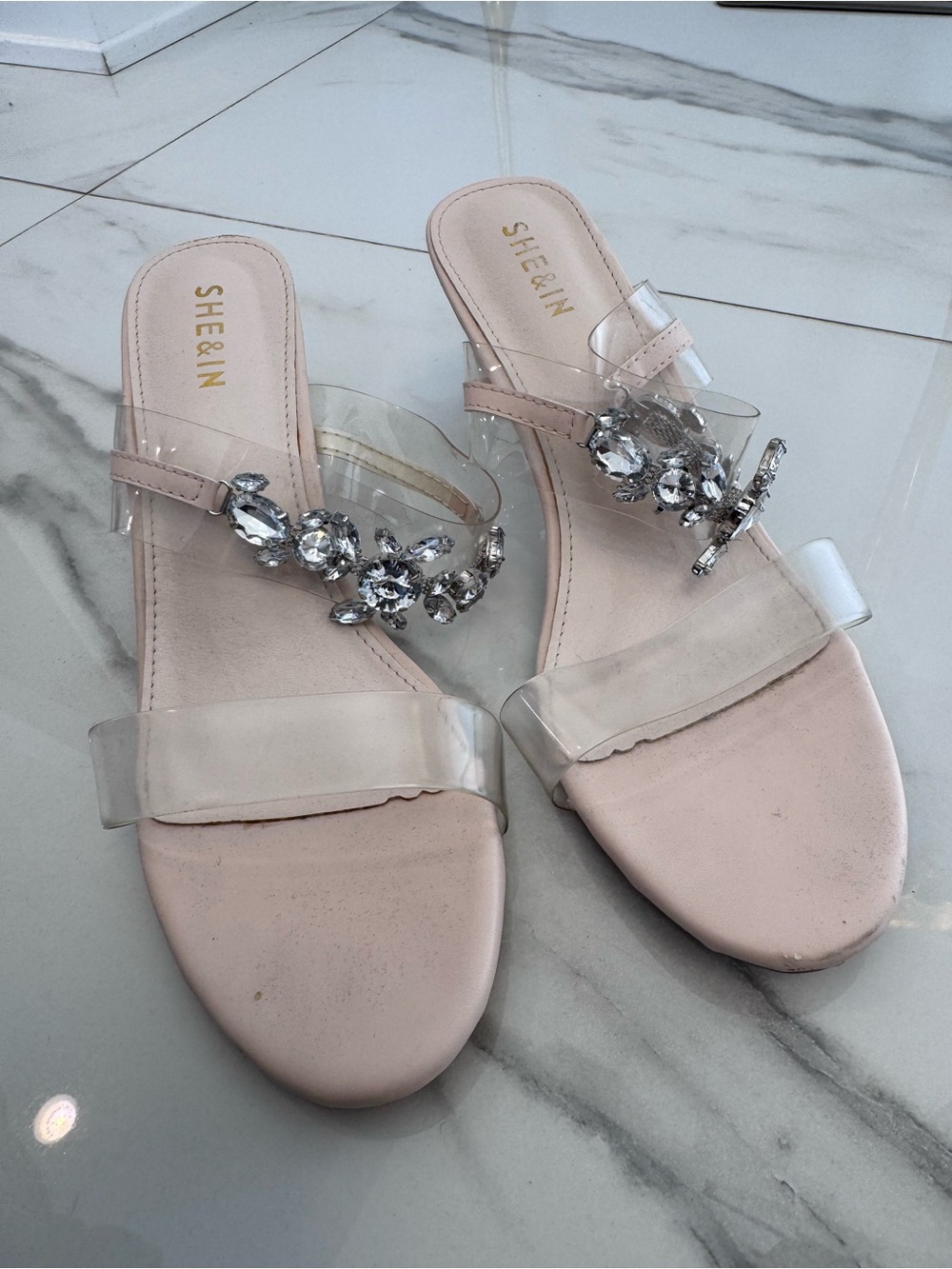 SHEIN Blush Clear Crystal Embellished Slide Mules
